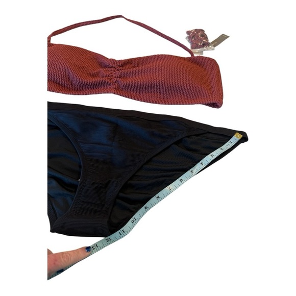 J. Crew Chi Terra Cotta Scrunchie sweetheart bikini top & Black Hipster Bottoms - Picture 6 of 16